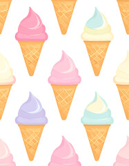 Seamless vector pattern of ice cream cones in soft pastel color palette