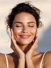 Relaxed sunscreen care in sunlight Radiant woman enjoying skincare outdoors. featuring a woman enjoying relaxed sunscreen care outdoors