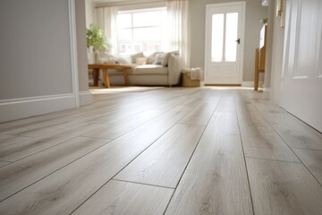 Fototapeta premium Bright living room with light wood flooring, natural sunlight, neutral decor, and a cozy seating area visible in the background