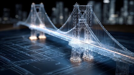 A 3D wireframe hologram of a bridge projected from a blueprint, a concept for engineering, architectural design, and technology
