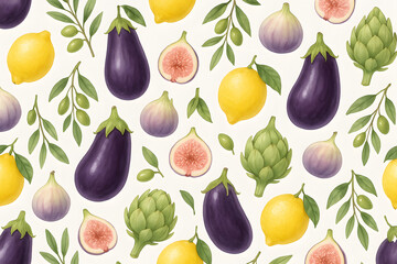 Obraz premium Colorful Pastel Botanical Illustration of Fruit and Vegetable Pattern Design Featuring Lemon, Eggplant, Fig, and Artichoke with Green Leaves for Spring Theme Organic Food Art and Healthy Eating Decor