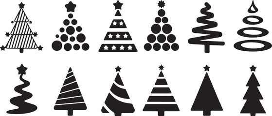 Set of Black Christmas Tree Illustrations – Various Tree Shapes and Designs