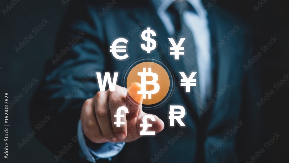 Poster businessman interacts with global currency symbols and bitcoin on a digital interface, representing 