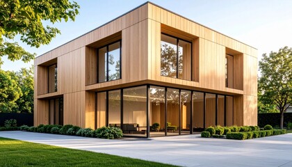 Modern building facade with recessed square windows framed in light brown wood