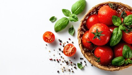 A wicker basket overflowing with fresh, red tomatoes, adorned with vibrant green basil leaves and scattered peppercorns & salt on a bright white background.  A halved cherry tomato adds detail