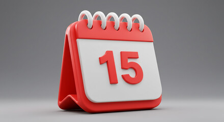 Red desk calendar icon displaying the 15th day of the month. 3D render illustration for scheduling appointments and deadlines.