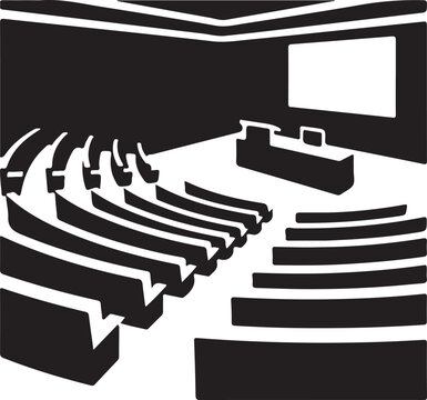 Black and white illustration of an empty auditorium with tiered seating lecture hall