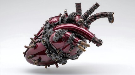 Intricate Red And Black Mechanical Heart Sculpture On White Background
