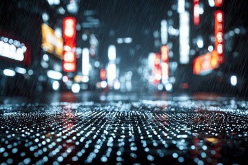 Rain-slicked city street at night, blurred lights reflecting on wet pavement, creating a vibrant, bokeh-filled scene