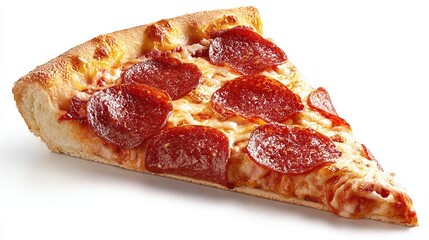 A single, delicious slice of pepperoni pizza, showcasing melted cheese, crispy crust, and savory pepperoni slices against a stark white background