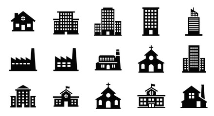 Obraz premium Vector icons of buildings architecture cityscape construction design elements urban landscape real estate city skyline on transparent background silhouette