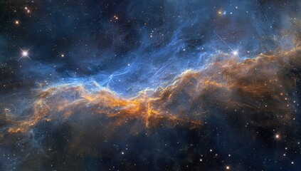 A vibrant nebula, swirling with hues of deep blue, orange, and yellow, is speckled with countless stars against a dark cosmic backdrop.  The nebula's ethereal wisps create a dynamic, celestial scene