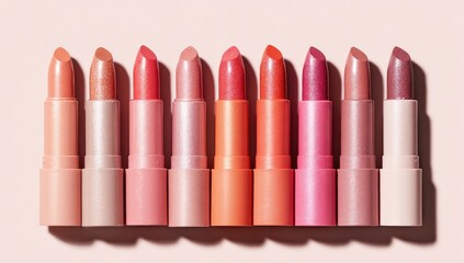 Ten lipstick tubes in varying shades of pink, coral, and mauve, arranged in a row against a light pink background, showcasing a gradient of colors and subtle sheen