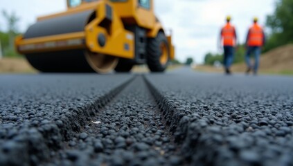 Traffic of cars and a truck on the empty asphalt road under the yellow sky.  Engineers inspect asphalt quality after machinery works. Construction site.