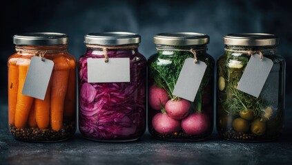 Four glass jars of pickled vegetables sit in a row on a dark surface.  Each jar contains a different type of pickle and is tied with twine and a blank tag