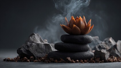 A mystical scene a dark brown lotus flower, seemingly emanating smoke, rests atop a balanced stack of smooth, dark grey stones; surrounded by larger, rougher dark stones and dark brown ground cover