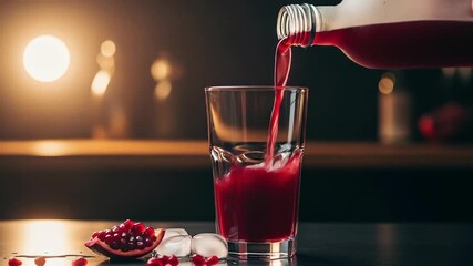 A close-up shot of pomegranate juice being poured into a glass with ice cubes. - Powered by Adobe