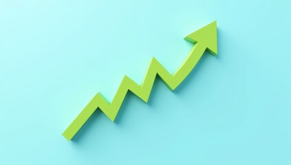 A vibrant 3D business graph with a green arrow pointing up symbolizes success and market growth