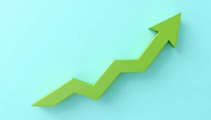 A vibrant 3D business graph with a green arrow pointing up symbolizes success and market growth