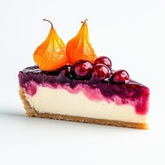 Slice of Berry Cheesecake with Physalis Garnish dessert