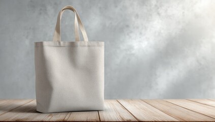 A blank off-white tote bag sits on a light wood surface against a textured gray backdrop.  The bag features simple fabric handles