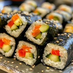 Stack of Salmon and Vegetable Sushi Rolls maki cucumber