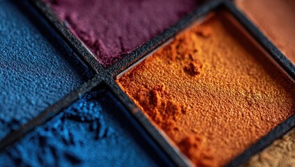 Close-up of a makeup palette showcasing richly pigmented eyeshadows in deep blue, burnt orange, and maroon hues; textured surfaces show subtle powder residue
