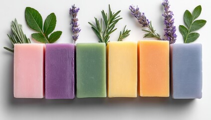 Six colorful handmade soap bars arranged in a row on a white background, adorned with sprigs of lavender and rosemary