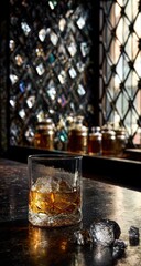 Amber liquid in a rocks glass sits on a dark wood surface with ice, against a backdrop of a dimly lit, patterned window and small bottles