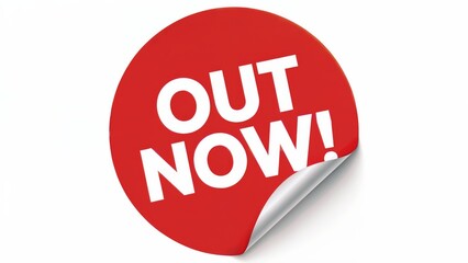 Bold red circle sticker announcing 'OUT NOW!' with peeling corner, perfect for launches and promotions.