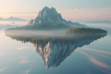Floating Island Mountain with Reflection in Misty Morning Light Generative AI