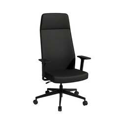 A modern black high-back ergonomic office chair with armrests, isolated on a clean white background. Professional business furniture for a workplace.