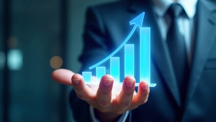 Hand holding a business graph with an upward arrow showing financial growth and success