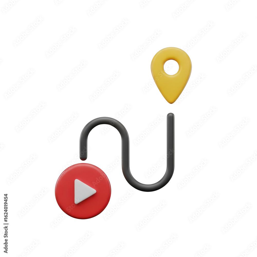 Poster 3d icon of 3d render of a play button connected by a winding path to a location pin, isolated on tra