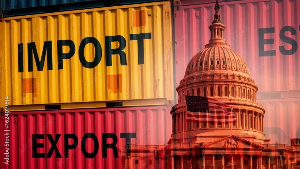 Poster A view of import export containers with the capitol building and american flag overlayed on top
