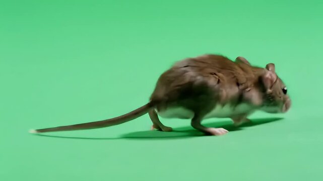 A light brown gerbil walks across a bright green background, its long tail trailing behind.