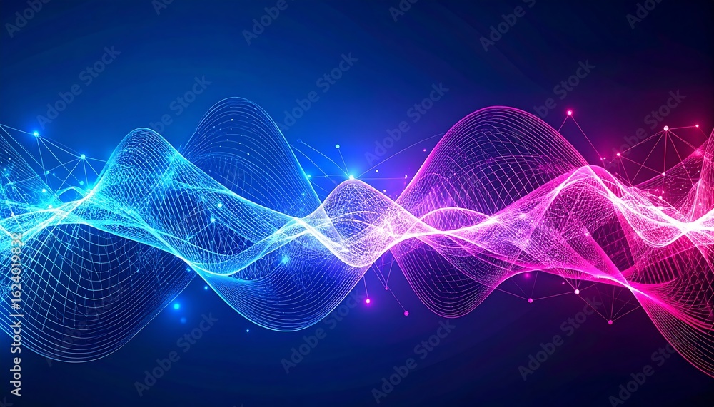 Poster an abstract background features a dynamic interplay of glowing blue and pink wavy lines, resembling 