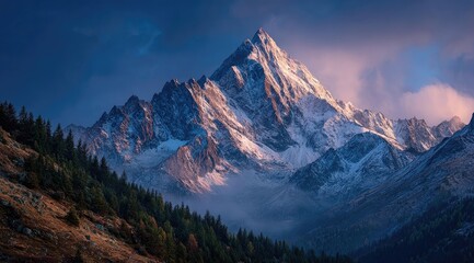Majestic snow-capped peak at sunrise, mist in valley below, autumnal forest
