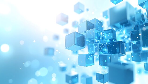 An abstract background of floating blue glass cubes, representing blockchain and data.