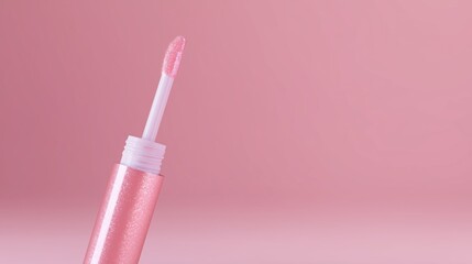 Glossy Pink Lip Gloss Applicator on Silky Pink Background with Soft Lighting