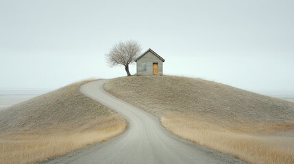 A solitary house atop a gentle hill.