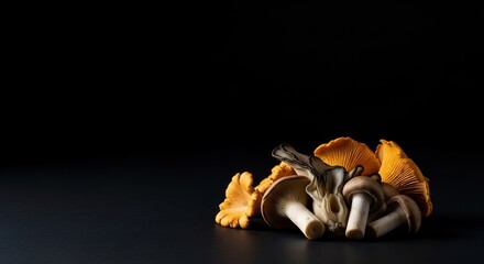 A beautiful assortment of various fresh wild mushrooms, including chanterelles and shiitake. Raw gourmet fungi ingredients isolated on a dark, moody background with copy space.