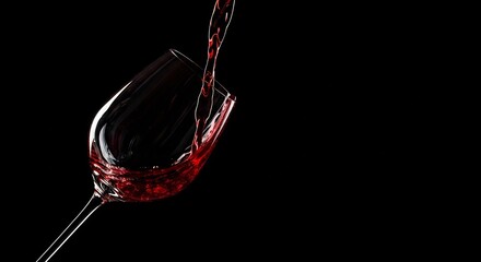 Dynamic action shot of red wine being poured into an elegant glass, creating a beautiful splash. Isolated on a solid black background, perfect for luxury concepts.