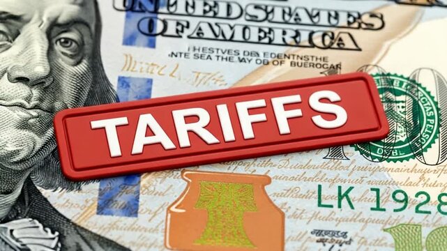 A close up of a hundred dollar bill with a red tariffs sign on top of the currency note