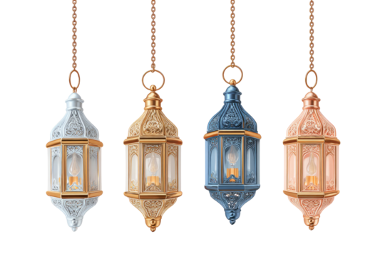 Four ornate hanging lanterns in varying pastel colors, suspended by gold chains