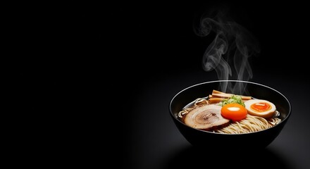 Authentic Japanese ramen bowl with steaming hot noodle soup, chashu pork, and soft-boiled egg. Gourmet Asian cuisine isolated on a dark background with copy space.
