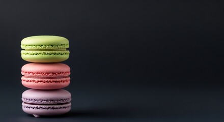 Stack of three colorful macarons: green, pink, and purple. Sweet french patisserie dessert treat isolated on a dark moody background with plenty of space for text.