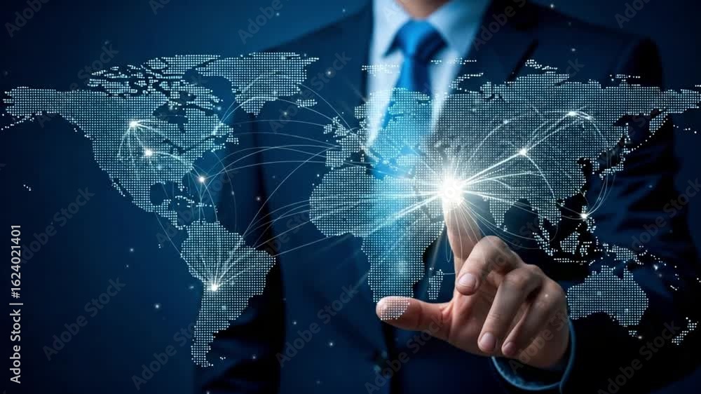 Poster man in suit pointing at glowing world map with network connections in a dark blue background