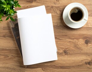 Magazine & Book Mockup Flat Lay: Blank Covers on Minimalist Wooden Table. Publishing, Branding & Coffee Concept