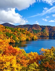 Autumnal lake vista with vibrant foliage